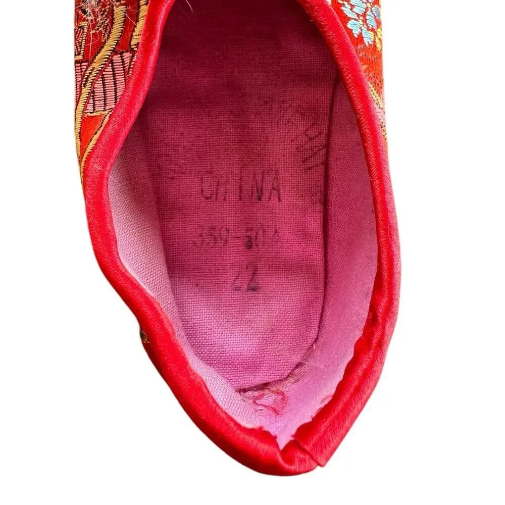 Vintage Pair Child Toddler Chinese Red Dragon Slippers Satin & Fur China 4 3/4”